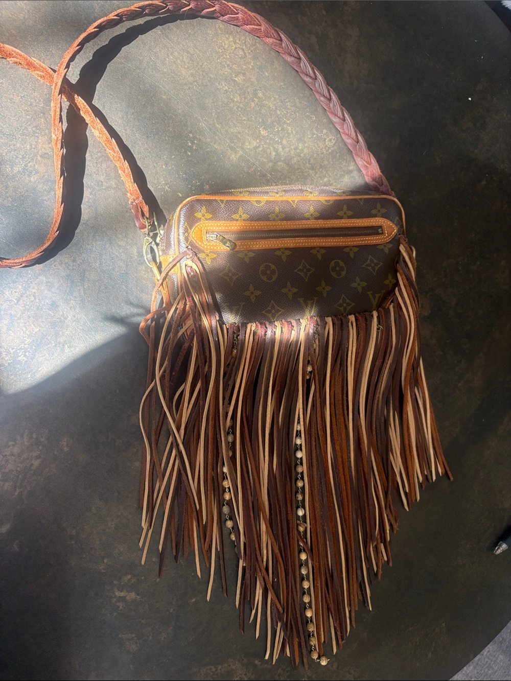 Boho Louis Vuitton Brown Monogram Fringe Crossbody with Braided Strap